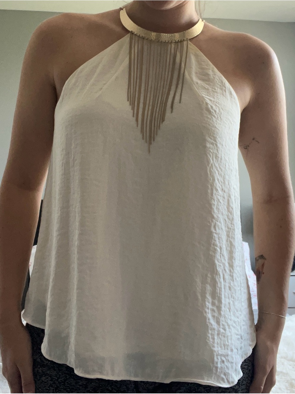 H&M White Halter Dress with Gold Chain Fringe